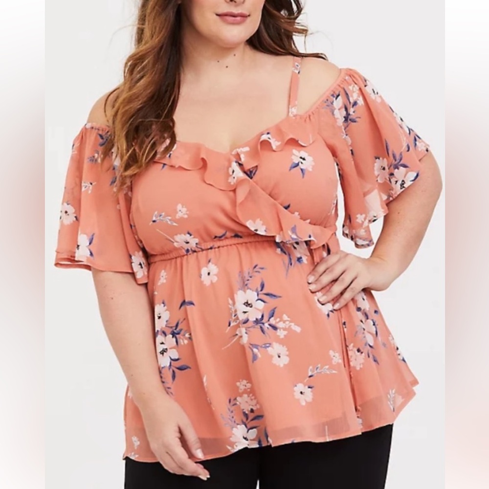 Torrid 1 Peach Coral Floral Cold Shoulder Ruffle V-Neck Blouse - Picture 3 of 10